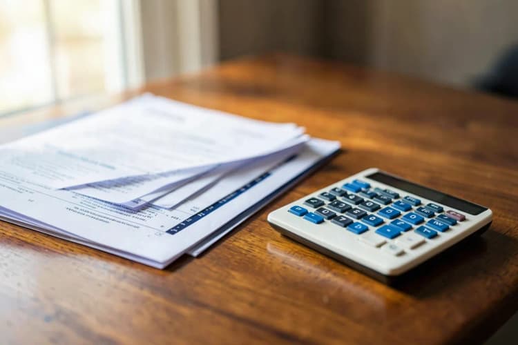 Documentos legais e uma calculadora sobre uma mesa.
