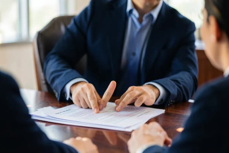 Advogado explicando documentos para um cliente em um escritório