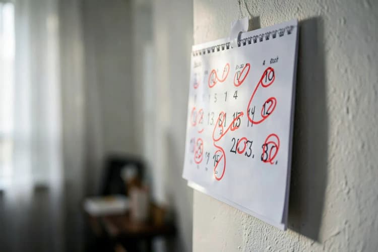 Calendário com dias marcados em vermelho