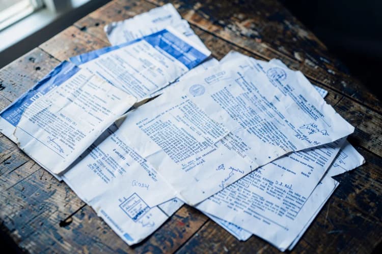 Documentos espalhados sobre uma mesa de madeira