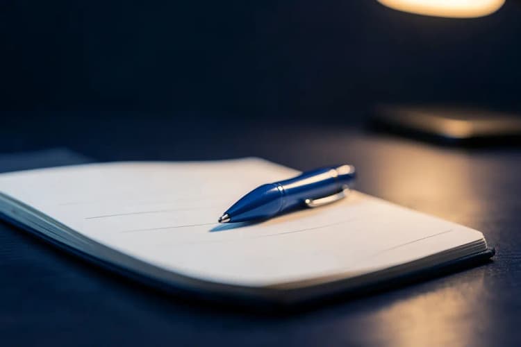 Caneta e bloco de notas em uma mesa
