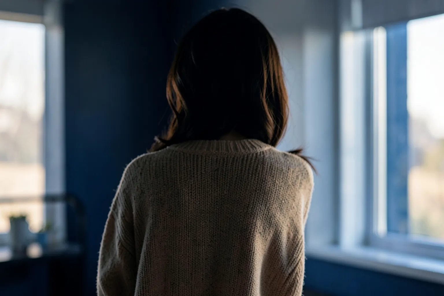 Mulher pensativa olhando pela janela em um quarto