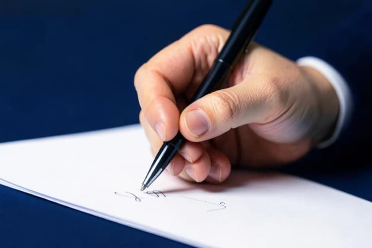 Mão assinando documento com caneta